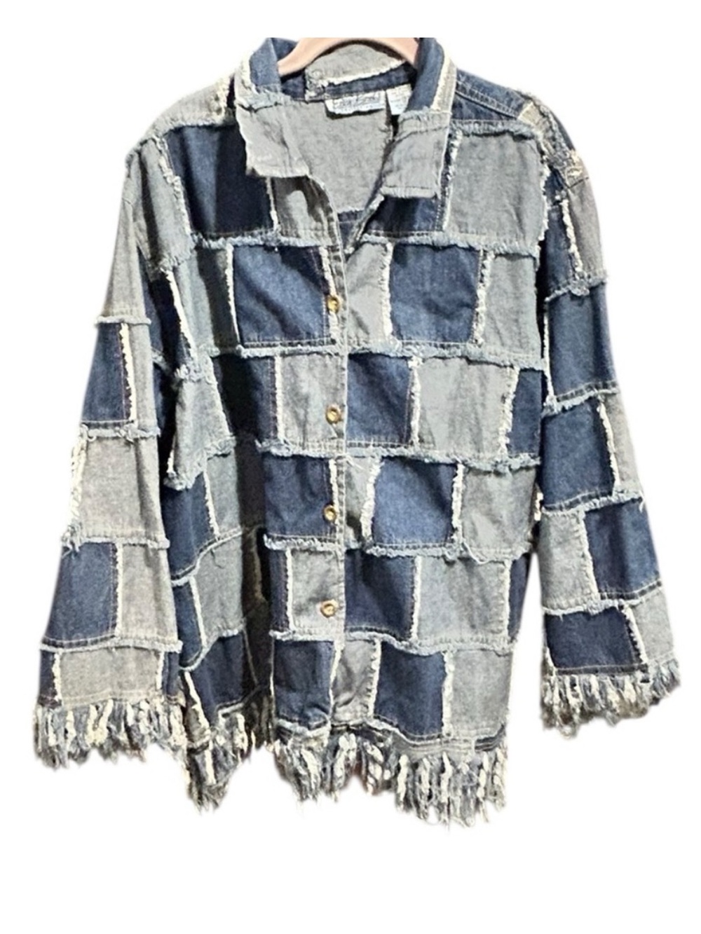Erica Brooke Windowpane Patchwork Denim Jacket Fringe Oversized Plus 22
